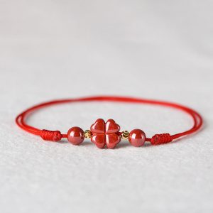 Buddha Stones Four Leaf Clover Cinnabar Blessing Calm String Bracelet Anklet Bracelet BS Red Anklet Circumference 18-32cm
