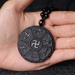 Buddha Stones Natural Black Obsidian Tibetan Om Mani Padme Hum Buddha Swastika Luck Necklace Pendant Necklaces & Pendants BS 7