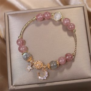Buddha Stones Strawberry Quartz Moonstone Moon Star Love Bracelet Bracelet BS Strawberry Quartz&Moonstone(Wrist Circumference 16-16.5cm)