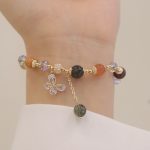 Buddha Stones Natural Fu Lu Shou Rainbow Crystal Rutilated Quartz Wealth Butterfly Charm Bracelet Bracelet BS 8