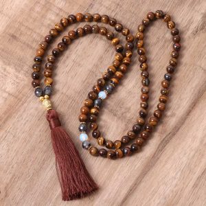 Buddha Stones Tibetan Tiger Eye Buddha Strength Power Beaded Tassel Pendant Necklace Necklaces & Pendants BS Tiger Eye