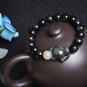 Buddha Stones Natural Rainbow Obsidian Gold Sheen Obsidian Silver Sheen Obsidian Fox Healing Bracelet Bracelet BS Rainbow Obsidian Pig