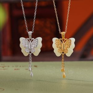 Buddha Stones 925 Sterling Silver Plated Gold Hetian White Jade Butterfly Blessing Necklace Pendant Necklaces & Pendants BS main