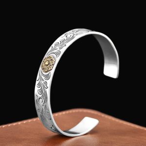 Buddha Stones Tang Dynasty Flower Design Rose Flower Feather Carved Copper Luck Bracelet Bangle Bracelet Bangle BS Tang Dynasty Flower Design(Luck♥Vibrant)(Wrist Circumference 15-17cm)