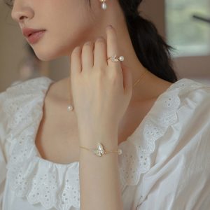 Buddha Stones 14K Gold Plated Copper Pearl Tridacna Stone Butterfly Blessing Ring Bracelet Necklace Pendant Earrings Set Bracelet Necklaces & Pendants BS 4Pcs(Ring Bracelet Necklace&Earrings)