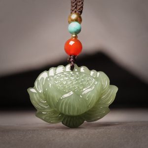 Buddha Stones Hetian Cyan Jade Lotus Flower Success Necklace Pendant Necklaces & Pendants BS Hetian Cyan Jade(Success ♥ Healing)
