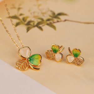Buddha Stones 925 Sterling Silver Plated Gold Hetian Jade Luck Shamrock Clover Necklace Pendant Earrings Bracelet Necklaces & Pendants BS 2Pcs(Necklace&Earrings)