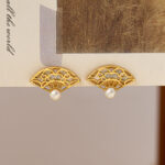 Buddha Stones 925 Sterling Silver Posts Fan Pattern Pearl Copper Wisdom Stud Drop Earrings Earrings BS 2