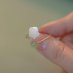 Buddha Stones 14K Gold Plated Tridacna Stone Rose Flower Jade Bead Blessing Ring Ring BS 4