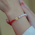 Buddha Stones 14K Gold Plated Pearl Bead Luck Protection Braid Red String Bracelet Bracelet BS 8