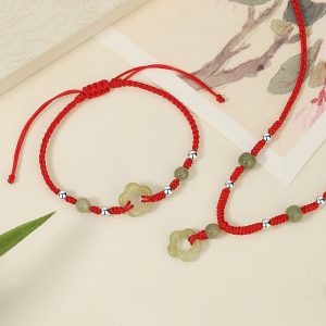 Buddha Stones 925 Sterling Silver Natural Hetian Cyan Jade Flower Pentagram Luck Red Rope Necklace Pendant Bracelet Set Bracelet Necklaces & Pendants BS 2Pcs(Necklace&Bracelet)