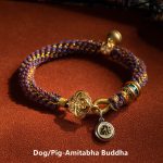 Buddha Stones 925 Sterling Silver Chinese Zodiac Natal Buddha Om Mani Padme Hum Luck Bell Braided String Bracelet Bracelet BS Dog/Pig-Amitabha Buddha 17-19cm
