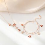 Buddha Stones 925 Sterling Silver Red Agate Tridacna Stone Butterfly Four Leaf Clover Calm Bracelet Necklace Pendant Set Bracelet Necklaces & Pendants BS 2Pcs(NecklaceBracelet)