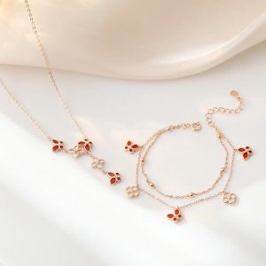 Buddha Stones 925 Sterling Silver Red Agate Tridacna Stone Butterfly Four Leaf Clover Calm Bracelet Necklace Pendant Set Bracelet Necklaces & Pendants BS 2Pcs(NecklaceBracelet)