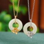 Buddha Stones 925 Sterling Silver Hetian Jade Peace Buckle Flower Luck Necklace Pendant 1