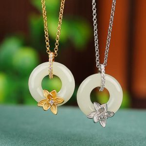 Buddha Stones 925 Sterling Silver Hetian Jade Peace Buckle Flower Luck Necklace Pendant 1