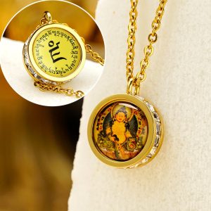 Buddha Stones Tibetan Yellow God Of Wealth Green Tara Buddha Serenity Titanium Steel Necklace Pendant Necklaces & Pendants BS Front Yellow God Of Wealth Back Mantra