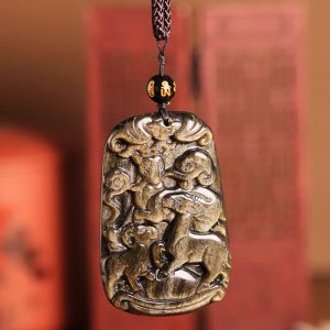 Buddha Stones Gold Sheen Obsidian Three Goats Bring Good Luck Pattern Wealth Necklace Pendant Necklaces & Pendants BS Gold Sheen Obsidian