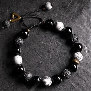 Buddha Stones Black Obsidian Lava Rock Stone Yin Yang Strength Bracelet Bracelet BS Black Obsidian&Lava Rock