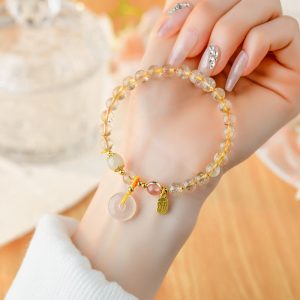 Buddha Stones Natural Golden Rutilated Quartz Fu Character Peace Buckle Charm Wealth Bracelet Bracelet BS Rutilated Quartz(Auspiciousness♥Courage)(Wrist Circumference 14-16cm)