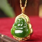 Buddha Stones 925 Sterling Silver Natural Hetian Cyan Jade Laughing Buddha 18K Gold Healing Necklace Chain Pendant Necklaces & Pendants BS 3