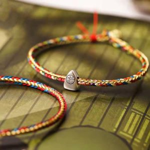 Buddha Stones 925 Sterling Silver Fu Character Zongzi Pattern Multicolored String Luck Handmade Braided Bracelet Bracelet BS Fu Character Colorful Adjustable Rope 17-18cm