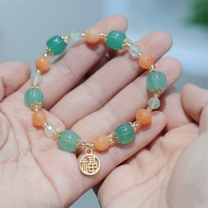 Buddha Stones Natural Golden Silk Jade Pumpkin Bead Fu Character Charm Wealth Bracelet Bracelet BS Golden Silk Jade(Ward off evil spirits♥Wealth)(Wrist Circumference 14-16cm)