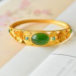 Buddha Stones Cyan Jade White Jade Flower Leaf Harmony Luck Bracelet Bangle Bracelet Bangle BS Cyan Jade&Golden Bangle