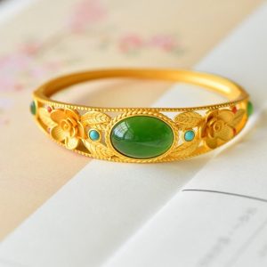 Buddha Stones Cyan Jade White Jade Flower Leaf Harmony Luck Bracelet Bangle Bracelet Bangle BS Cyan Jade&Golden Bangle