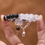 Buddha Stones Silver Sheen Obsidian Crackle Clear Quartz Black Rutilated Quartz Yin Yang Lotus Protection Bracelet Bracelet BS 11