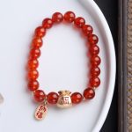 Buddha Stones Natural White Agate Red Agate Money Bag Fu Character Four Leaf Clover Protection Bracelet Bracelet BS Red Agate Money Bag