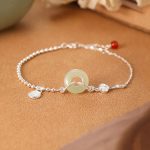 Buddha Stones 925 Sterling Silver Hetian Jade Peace Buckle Fu Character Luck Chain Bracelet Bracelet BS Hetian Jade(Prosperity♥Abundance)(Wrist Circumference 14-16cm)