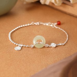 Buddha Stones 925 Sterling Silver Hetian Jade Peace Buckle Fu Character Luck Chain Bracelet Bracelet BS Hetian Jade(Prosperity♥Abundance)(Wrist Circumference 14-16cm)