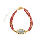 Buddha Stones 925 Sterling Silver Plated Gold Natural Red Agate Lotus Jade Calm Double Layer Bracelet Bracelet BS 5
