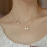 Buddha Stones 14K Gold Plated Copper Pearl Tridacna Stone Butterfly Blessing Ring Bracelet Necklace Pendant Earrings Set Bracelet Necklaces & Pendants BS Necklace
