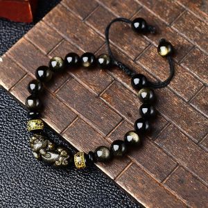 Buddha Stones Natural Gold Sheen Obsidian PiXiu Om Mani Padme Hum Wealth Braided Bracelet Bracelet BS 8mm