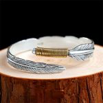 Buddha Stones Feather Pattern Engraved Luck Cuff Bracelet Bangle Bracelet Bangle BS 3