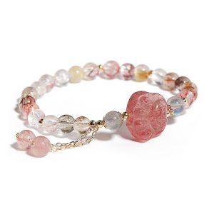 Buddha Stones Natural Strawberry Quartz Cat Paw Claw Colorful Rutilated Quartz Moonstone Love Bracelet Bracelet BS Strawberry Quartz&Colorful Rutilated Quartz