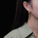 Buddha Stones 925 Sterling Silver Posts Copper Plated Gold Natural Peridot Bamboo Leaf Drop Earrings 6