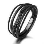 Buddha Stones Feather Pattern Multilayer Leather Titanium Steel Calm Braided Magnetic Buckle Bracelet Bracelet BS Black 21.5cm