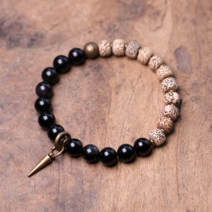 Buddha Stones Tibetan Bodhi Seed Black Obsidian Ebony Wood Copper Peace Bracelet Bracelet BS Bodhi Seed&Black Obsidian 18cm