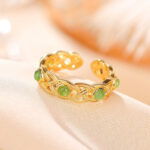 Buddha Stones 925 Sterling Silver Plated Gold Cyan Jade Braided Design Success Luck Adjustable Ring Ring BS 2