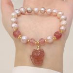 Buddha Stones Natural Pearl Strawberry Quartz Cute Fox Love Healing Charm Bracelet