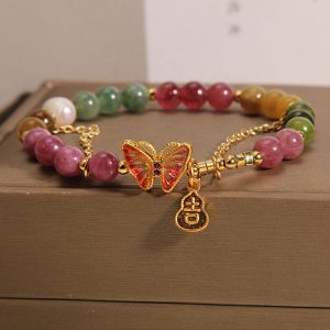 Buddha Stones Natural Colorful Tourmaline Butterfly Auspicious Character Gourd Charm Positive Bracelet Bracelet BS Tourmaline(Positive♥Love)(Wrist Circumference 14-16cm)