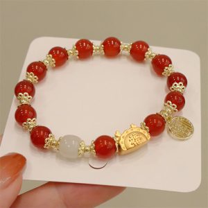 Buddha Stones Year Of The Dragon Red Agate Strawberry Quartz Black Obsidian Jade Garnet Pearl Cinnabar Dumpling Dragon Luck Fu Character Bracelet Bracelet BS Red Agate(Wrist Circumference 14-19cm)