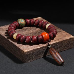 Buddha Stones Tibet Bodhi Seed Dzi Bead Dancing Lion Luck Bracelet Wrist Mala Bracelet BS Bodhi Seed Brown Dzi Bead Wrist Mala