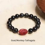 Buddha Stones Chinese Zodiac Natal Buddha Natural Black Obsidian Cinnabar Purification Bracelet Bracelet BS 10mm Goat/Monkey-Tathagata(Wrist Circumference 14-17cm)