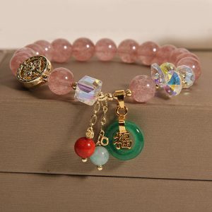 Buddha Stones Strawberry Quartz Jade Fu Character Charm Healing Bracelet Bracelet BS Strawberry Quartz(Wrist Circumference 14-16cm)