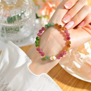 Buddha Stones Natural Multicolored Tourmaline Pearl Auspicious Character Charm Wisdom Bracelet Bracelet BS Tourmaline(Positive♥Love)(Wrist Circumference 14-16cm)