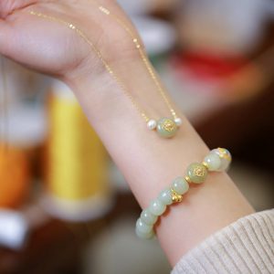 Buddha Stones 925 Sterling Silver Plated Gold Natural Hetian Jade Luck Necklace Pendant Bracelet Set Bracelet Necklaces & Pendants BS 2Pcs(Necklace&Bracelet)